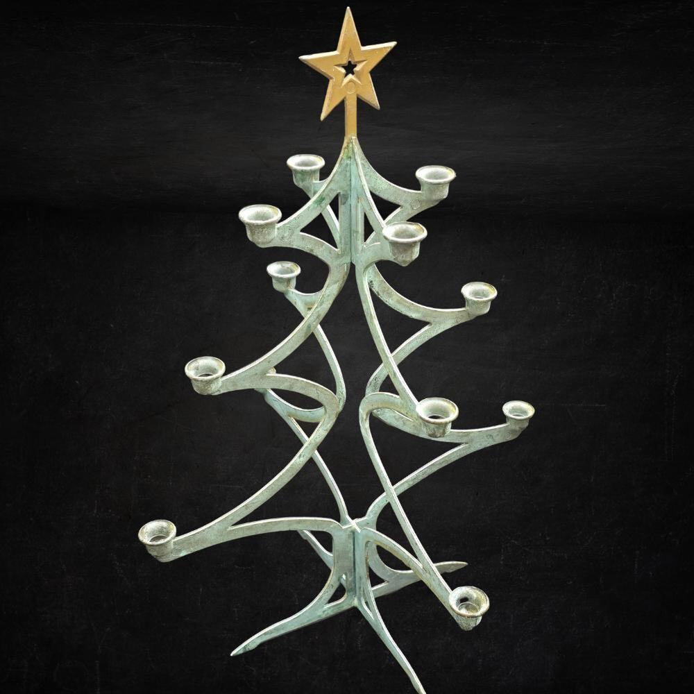 Vintage Brass Christmas Tree Candelabra 12 Candle Holders Verdigris Gold Star